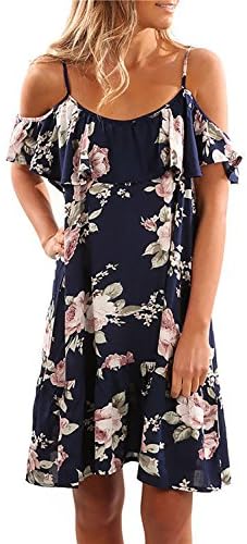 Yieune Summer Dress Floral Print Beach Dress Short Sleeve Round Neck Sundresses Off the Shoulder Evening Party Dress(Blue M)