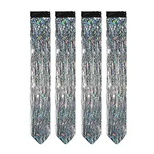 HEAVEN4pc Straight Glitter Hair Streak Colored Extension Highlighter For Women And Girls (Silver)