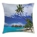 Produktbild Tropical Decor Throw Pillow Cushion Cover, Over-water Bungalows of Resort Bora Bora Island Pacific Ocean Panorama, Decorative Square Accent Pillow Case, 18 X 18 Inches, Green Blue White