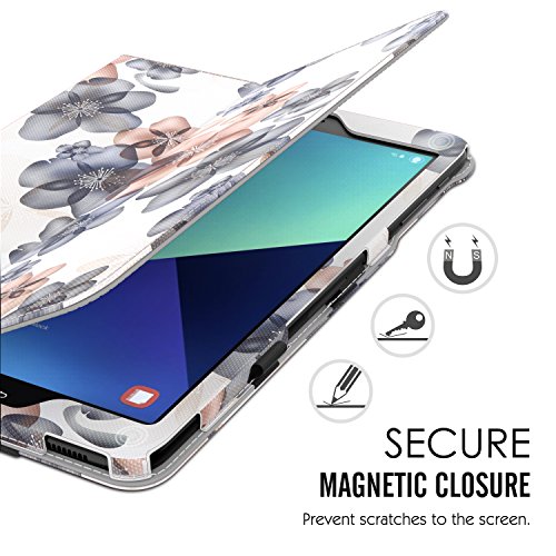 MoKo Samsung Galaxy Tab S3 9.7 Hülle – PU Leder Ständer Schutzhülle Smart Case Cover mit Stift-Schleife / Standfunktion und Auto Sleep / Wake Up Funktion für Samsung Galaxy Tab S3 9.7 Zoll (2017) SM-T820 / T825 Tablet, Blumen Marineblau - 7