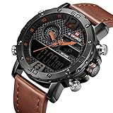 Naviforce Herren Carbon Armbanduhr mit Lederarmband, Analog Digital Multifunktional Wasserdicht Dual Display Militär