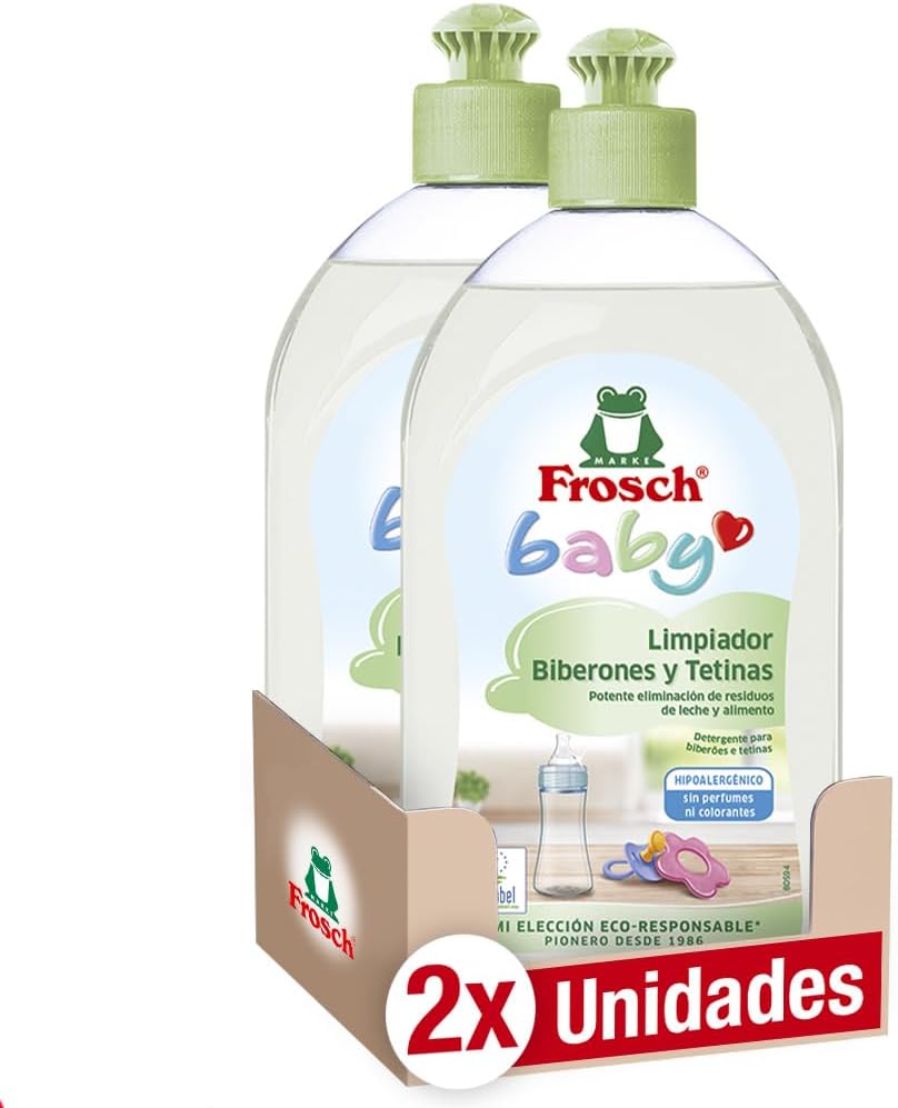 Frosch Baby - Limpiador de Biberones y Tetinas, Elimina Restos de Leche y Comida, Producto Hipoalergénico y Ecológico - Pack de 2 Unidades x 500 ml