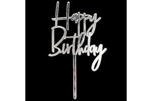 AILEXI 1 Count Acrylic Glitter Cake Decorating Toppers - Happy Birthday WordArt Silver