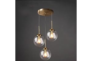 NIYKKA Lampada a sospensione a sfera in vetro trasparente/grigio fumo/ambra Lampadario industriale in ottone vintage a 3 luci Lampada a sospensione a grappolo E27 Plafoniera per soggiorno con isola cucina