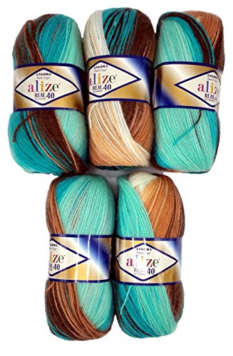 5 x 100 g Alize Strickwolle 40% Woll-Anteil, Farbverlauf braun beige mint grün Nr. 4603, 500 Gramm Wolle