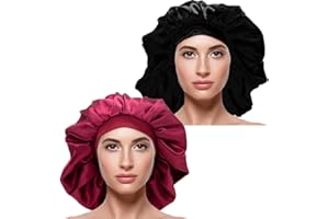 LadayPoa 2 Stück Satin Schlafmütze für Frauen,Extra Große Seiden-Nachtschlafmütze Breite Gummiband Schlafmützen Mädchen
