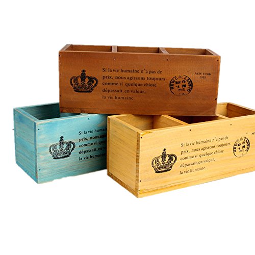 Retro Stifteköcher 3 Fächer-Box Stifte Organizer Büro Halterung Fernbedienung Blumentopf aus Holz künstlerischen Multifunktionsgerät für Sukkulenten Pflanzen Set Pinsel Make - 2