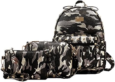 Women's Fashion Camo Pu Leather Backpack 3 Pcs Sets Shoulder Bag Satchel Handbags Purse For Ladies Multicolor,1-OneSize