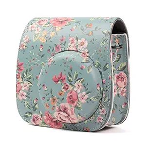 Uonlytech PU Leather Camera Bag Protective Case for Fujifilm Instax Mini 8/8+/ 9 Instant Camera (Blue Background Rose)