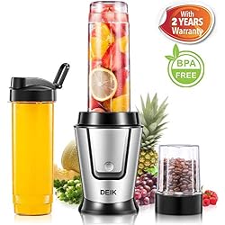 DEIK Mini Blender, Blender Smoothie, Mixeur Multifoncionnel, 500W Moteur Puissant, 2 Bouteilles Portables 570mL et 1 Tasse de Broyage 300mL, Lames et Base en Acier Inoxydable, Argenté