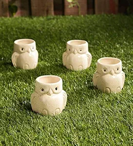 Lyallpur Stores Ceramic Owl Planter Pot, White, Small, Set of 4