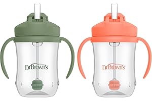 Dr. Brown's Milestones, Baby's First Straw Cup Sippy Cup with Straw, 6m+, 9oz/270ml, 2 Pack, Coral & Olive Green, BPA Free