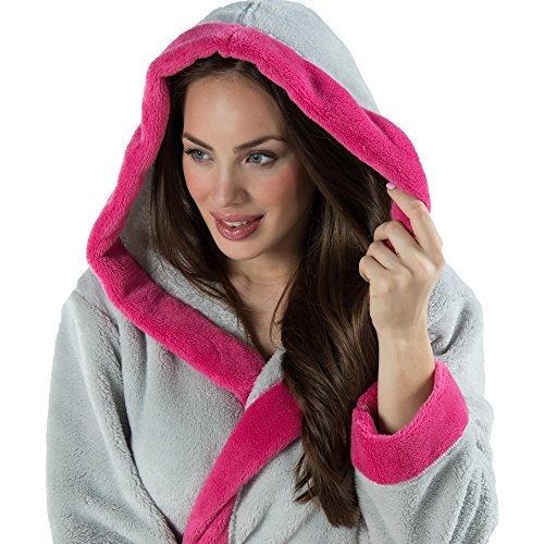 Damen Bademantel mit Kapuze, flauschiger Sherpa-Fleece, kurzer Sauna-mantel für Wellness Spa, CelinaTex, Trend Morgenmantel Serie Kos zweifarbig - 2