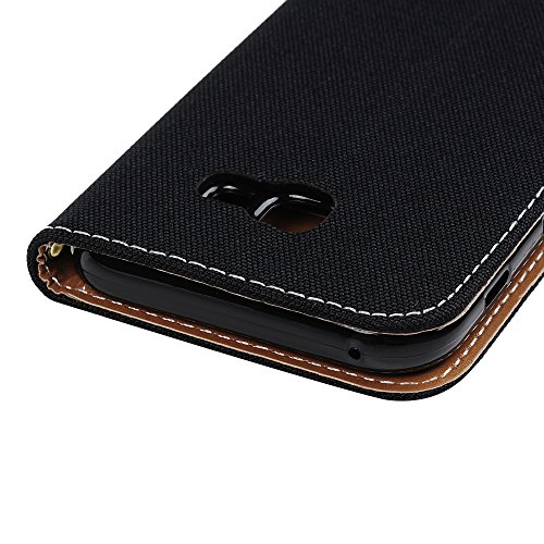 Lanveni A5 2017 Hülle, Handyhülle für Flip Case Cover Denim+PU Lederhülle Schutzhülle Magnetverschluss Ledertasche mit Stander Function Brieftasche Card Slot Handy Tasche mit Bunte Gemalt Design für Samsung Galaxy A5 2017 Hülle (Schwarz) + 1 x Stylus Stift + 1 x Schutzfolie - 5