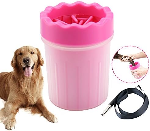 LEF Dog Paw Cleaner, Portable Dog Feet Washer Pet Cleaning Brush Cup for Wash Away Sediment on the Feet of Pets + Dog Whistle (Medium, Pink)