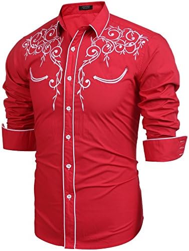 Modefine Men's Long Sleeve Shirt Embroidery Slim Fit Casual Button Down Shirt