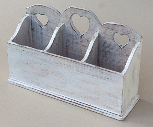 Dekorative Besteckablage Besteckkasten oder Organizer mit 3 Fächern Shabby Chic Vintage Landhaus Holz – Weiß - 3