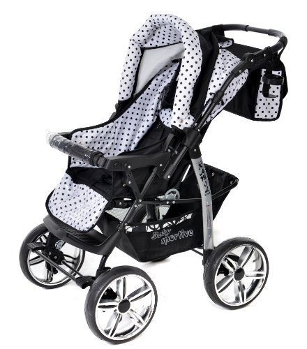 Baby Sportive Kamil, Kombikinderwagen set – incl. Kinderwagen mit Zubehör, Babyschale und Sportwagen Aufsatz. System mit RÄDER NICHT SCHWENKBAR. Reisesystem Farbe: Schwarz und Schwarze Punktmuster - 5