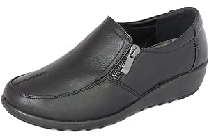 Cushion Walk Wide Fitting EEE Shoes Women's Ladies Lightweight Black Faux Leather Slip-on Flat Zip Shoes, Flats, Casual Work Office Comfort Shoes