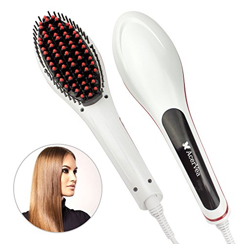 Hair Straightening Brush from AcerVea®- #1 Rating Safest -New Ceramic No-Damage Faster Styling and Detangling Electric Straightener with LCD Temperature Control for Short or Long, Black, Thick, Thin, Wavy Hair or Bangs - Portable Professional Beauty Product - Get Rid of Bed head today (white)