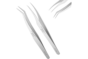 Obeyalash - Pinzas de pestañas postizas para extensión, 2 pares profesionales de precisión, color plateado inoxidable, conjunto de pinzas para pestañas individuales y pestañas curvadas a 45° para