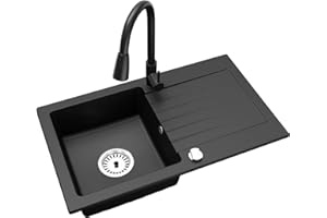 Faizee Granitspüle 75 x 44 cm Nachtschwarz – inklusive Armatur Wave in Schwarz – eckige Einbauspüle aus Granit – beidseitig montierbar, kratzfest, hitzebeständig – modernes Spülbecken