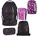 Produktbild Satch Pack by Ergobag Purple Hibiscus 5-tlg. Set Schulrucksack + Sportbeutel + Schlamperbox inkl. Geodreieck + Heftebox Tripleflex Lila + Regenhaube Lila
