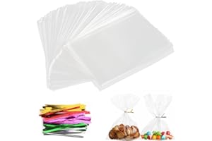 AIVEKE Pack of 100 Clear Cellophane Bags - 15 x 25 cm Gift Bags Plastic Bags Candy Bags Biscuit Bags with Metallic Ties for Party and Wedding Bags