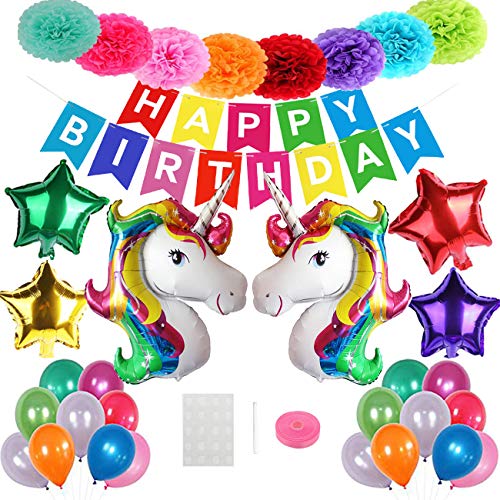 Mattelsen Decoración de Fiesta Arco Iris Niños Pom Poms Globos Unicornio Helio Gigante & Banner de Papel Happy Birthday con Látex Globos para Cumpleaños Fiestas