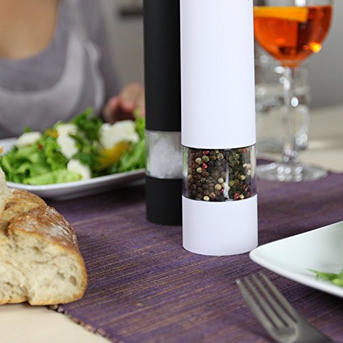 Oaoa Design elektrische Pfeffermühle und Salzmühle als exklusives Set, Modell „BiancoNero“, mit Licht, Bonus E-Book, hochwertiges Keramikmahlwerk, klimaneutrale Verpackung und Transport - 7