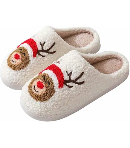 Chaussons Noël En Peluche - Motifs Père Noël, Renne, Antidérapants, Doublure Fourrure, Pour Femmes Et Hommes
