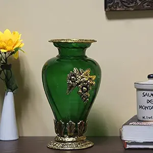 Saudeep India Trading Corporation Royal Glass Flower Pot Vase with Antique Oxidized Metal Grapevine Brooch, Border and Base (Green, Height 11 Inches Diameter 6 Inch)