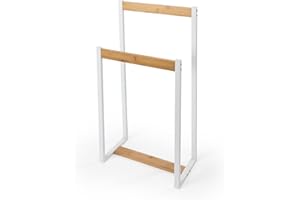 LIN HOME Toallero de Pie con 2 Barras de Madera y Metal 41x18x80cm para Baño, Lavadero, Dormitorio