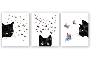 KARTME KAIRNE 3er Set Kinderzimmer Babyzimmer Poster | Bild Katze Schwarz | Katzen Tiere Bilder Set | Farbiger Schmetterling Katzenposter | Wandbilder Schlafzimmer für Wohnzimmer Home Decor ohne Rahmen