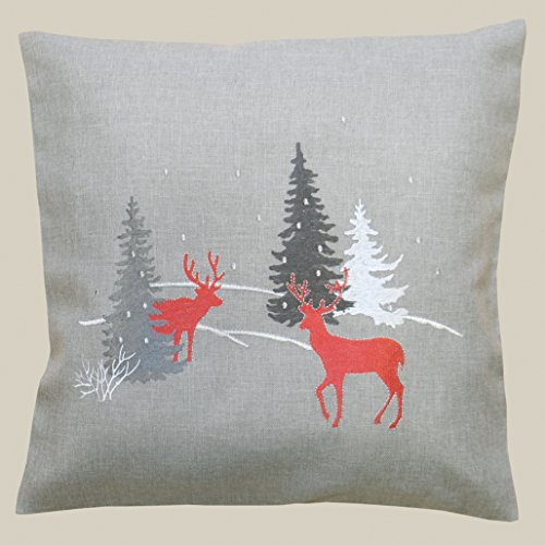 Weihnachten-Kissenhlle-Tischdecke-Tischlufer-in-Leinenoptik-hellgrau-edel-bestickt-mit-Hirsch-und-Tanne-Winterlandschaft-Winter-Wald-Typ369