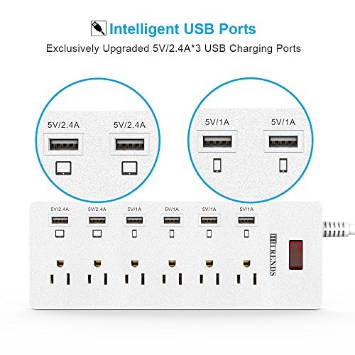 HITRENDS Surge Protector Power Strip 6 Outlets with 6 USB Charging Ports, USB Extension Cord, 1625W/13A Multiplug for Apple Homekit Device Smartphone Tablet Laptop Computer (6ft, white)