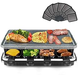 Appareil à Raclette et à Pierre Naturelle - Thermostat Réglable - Spatules en Bois et Poêlons Antiadhésifs - 8 Personnes - 1300 W