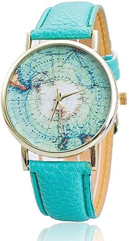 Unisex Quartz Watch with Map of Antarctica on the Dial, Gold-Coloured Case and Blue Leather Strap