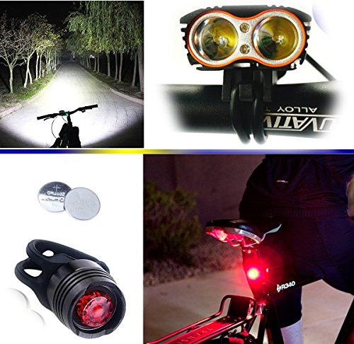 E-Fun Faro Bicicletta Anteriore LED Luce luci per Bici Bicicletta MTB,Torcia da Testa Lampada Frontale Bici Faro,(4 modalità,2 LED) CREE U2 Max.5000lm + 1 PEZZ0 Luce Posteriore Bicicletta