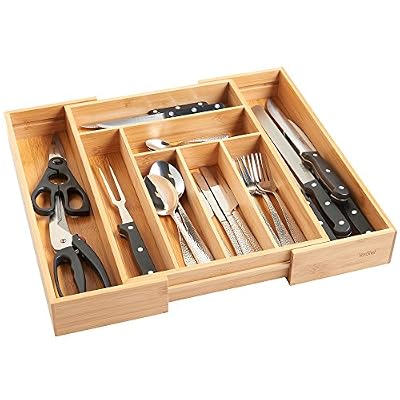 VonShef Range Couverts Extensible Ajustable 6 à 8 Compartiments pour Tiroir de Cuisine – Bamboo – 29 x 41/46 x 6 cm