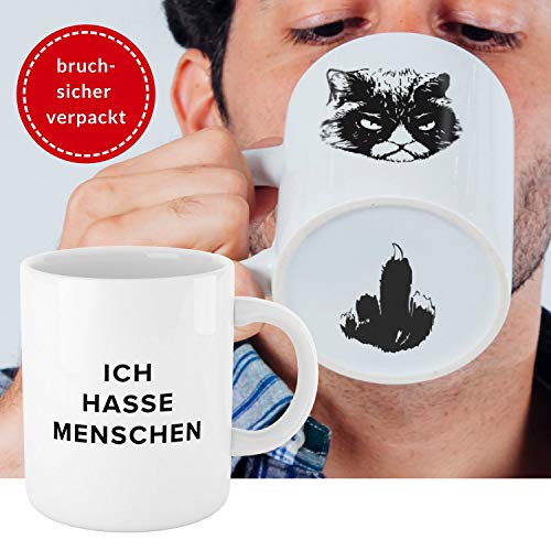 Premium "Ich hasse Menschen" Tasse mit Katzen-Motiv, bruchsicher verpackt ? witzige weiße Kaffee Katzen-Tasse, lustiges Geschenk für Kollegen, Morgenmuffel, Teenager