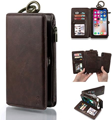 iPhone X Case,Ticase iPhone X Cover [Detachable] [Stand Feature] [Card Holder] Premium PU Leather Zipper Wallet Case Multi-Function Flip Cover - Retro Brown