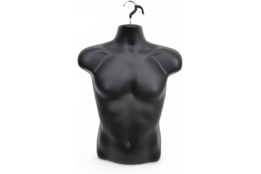 Male Half Body Form Mannequin –Durable Plastic Display with Hollow Back & Hanging Hook–Lightweight, Easy to Clean –Ideal for Clothing, Tops, Jewelry & Retail Garment Presentation (Black, Half Body)