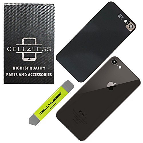 CELL4LESSⓇ Back Glass Cover OEM Battery Door Replacement w/Camera Lens,  Adhesive Removal Tool For Apple iPhone (Space Grey)