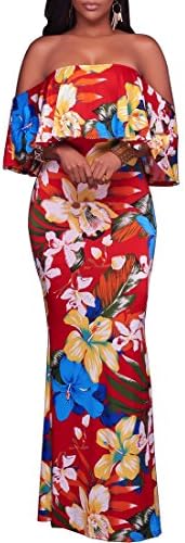 Synker Women's Floral Print Off Shoulder Ruffle Party Long Maxi Dress
