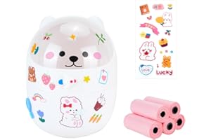 IBEQUEM Mini Trash Can, Cute Small Trash Can with Lid, Desktop Paper Bin with 5 Rolls of Bin Liners, Portable Tabletop Dustbin, Cartoon Rubbish Storage for Office Bedroom Desk Car Kitchen (White)