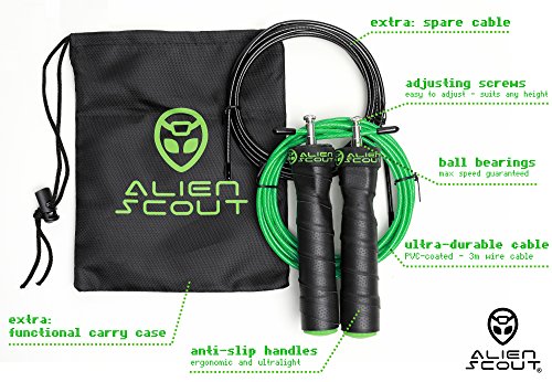 Springseil Speed Rope von Alien Scout – Modernes, professionelles, einstellbares Hochgeschwindigkeits-Springseil – Kugellager und Anti-Rutsch-Griffe – Sport- und Workout-Ausrüstung für Boxen, CrossFit, MMA und Fitness-Training – mit Extra-Seil und Tragetasche mit Kordelzug - 2