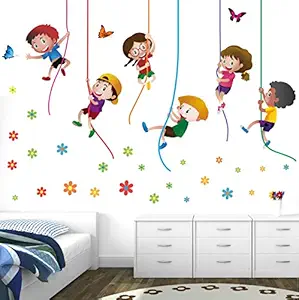 StickMe Kids Playing Climbing Up The - Rope Baby - Kids - Learning Education Nursery Pre School Kinder Garden Wall Sticker  -SM329 (Multi Colour, Vinyl - 100cm X 65 cm )