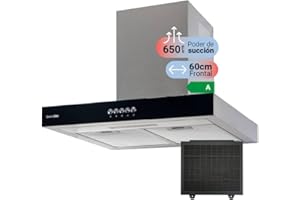 UNIVERSALBLUE Campana Extractora Decorativa En T 60 cm | Extractor Aire y Humo Eléctrico para Cocina en Cristal Negro y Acero Inoxidable | Potente 650 m³/h | Clase A | Filtro Carbono Incluidos