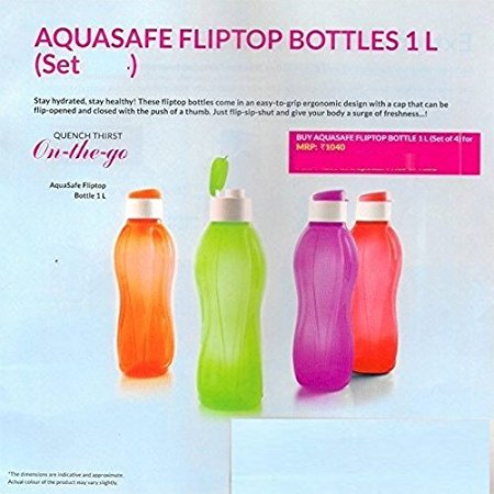 Tupperware Aquasafe Flip Top Bottle 1 L Each, Multicolor Set Of 4